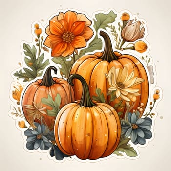 Sticker of pumpkin flowers leaves. Pumpkin as a dish of thanksgiving for the harvest, picture on a white isolated background. Atmosphere of joy and celebration.