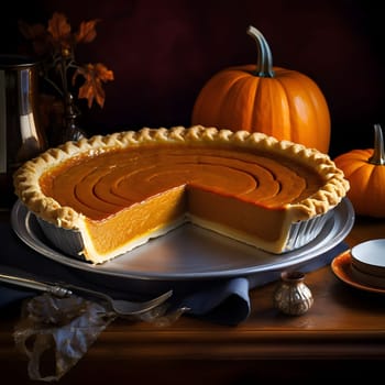 Pumpkin cake on a plate next to pumpkin cutlery. Pumpkin as a dish of thanksgiving for the harvest. An atmosphere of joy and celebration.