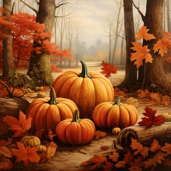 Illustration of an autumn forest in the middle of it pumpkins and leaves. Pumpkin as a dish of thanksgiving for the harvest. An atmosphere of joy and celebration.