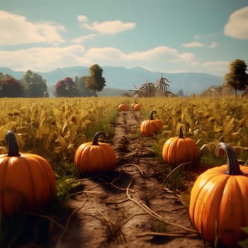 Photo of a field, with pumpkins scattered around. Pumpkin as a dish of thanksgiving for the harvest. An atmosphere of joy and celebration.