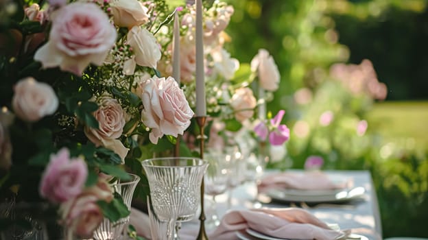 Table setting with rose flowers and candles for an event party or wedding reception in the summer garden.