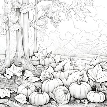Black and White, coloring book; pumpkins, tree leaves autumn. Pumpkin as a dish of thanksgiving for the harvest, picture on a white isolated background. Atmosphere of joy and celebration.