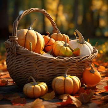 Wicker basket full of pumpkins, around leaves, autumn, smudged background of trees. Pumpkin as a dish of thanksgiving for the harvest. An atmosphere of joy and celebration.