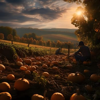 Two people in the south at sunset. Pumpkin as a dish of thanksgiving for the harvest. An atmosphere of joy and celebration.