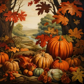Illustration, leaves, colorful pumpkins, rowan, stream in the background. Pumpkin as a dish of thanksgiving for the harvest. An atmosphere of joy and celebration.