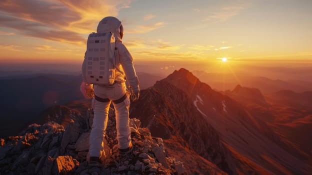 A person wearing a spacesuit walking up a mountain peak with Raise a fist