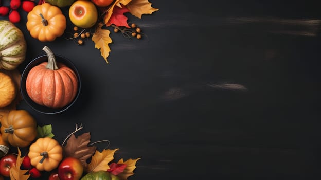 On the left side, as well as at the top and bottom of the leaves and pumpkins top view., banner with space for your own content. White background color. Blank space for caption.