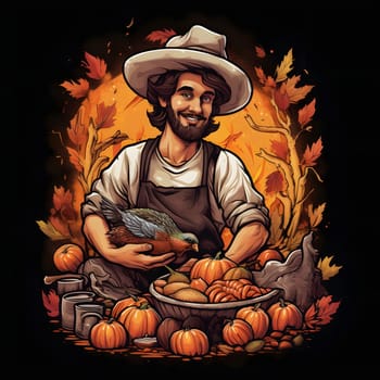Illustration of happy farmer with turkey, pumpkins, leaves on black isolated background. Pumpkin as a dish of thanksgiving for the harvest. An atmosphere of joy and celebration.