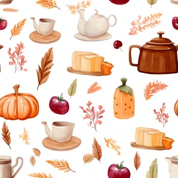 Elegant and modern. Kettles, leaves and pumpkin dishes as abstract background, wallpaper, banner, texture design with pattern - vector. White colors.