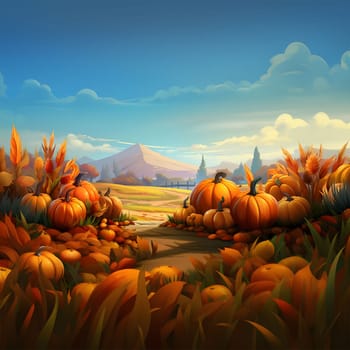 Illustration of pumpkins, leaves field and mountains in the background, banner with space for your own content. Blank space for caption.