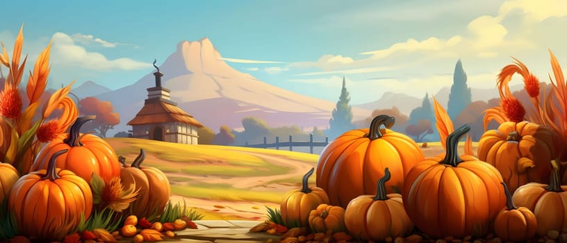 Illustration of pumpkins, leaves field and mountains in the background, banner with space for your own content. Blank space for caption.