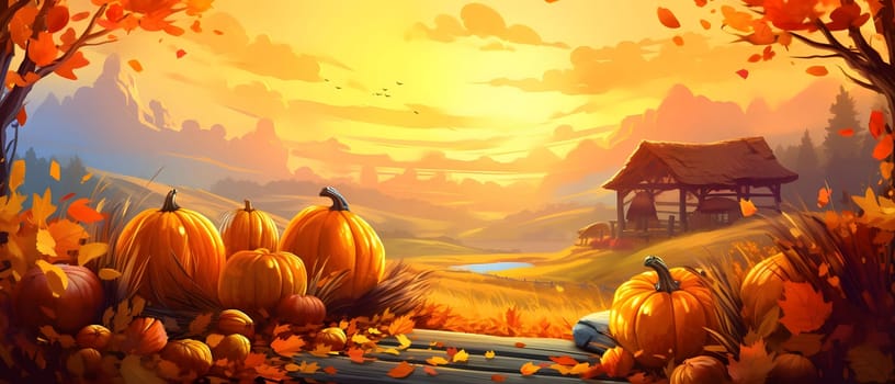 Illustration of corn cob pumpkins on wooden top, sunset and house in the background, banner with space for your own content. Blank space for caption.