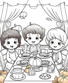 Black and White coloring book happy children at the Thanksgiving Day table. Pumpkin as a dish of thanksgiving for the harvest, picture on a white isolated background. Atmosphere of joy and celebration.