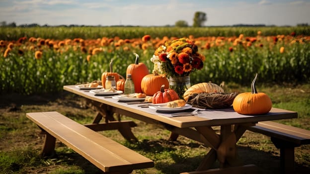 Photo of a wooden table with benches, and on it plates of pumpkins in the background field. Pumpkin as a dish of thanksgiving for the harvest. An atmosphere of joy and celebration.