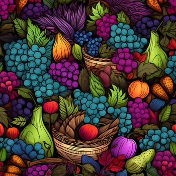 Elegant and modern. Fruit baskets of grapes, pears, pumpkins as abstract background, wallpaper, banner, texture design with pattern - vector. Dark colors.