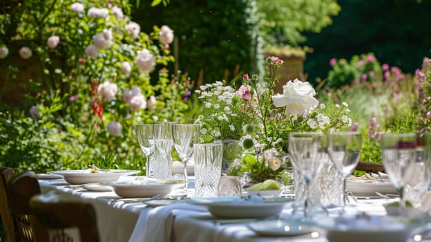 Table setting with rose flowers and candles for an event party or wedding reception in the summer garden.