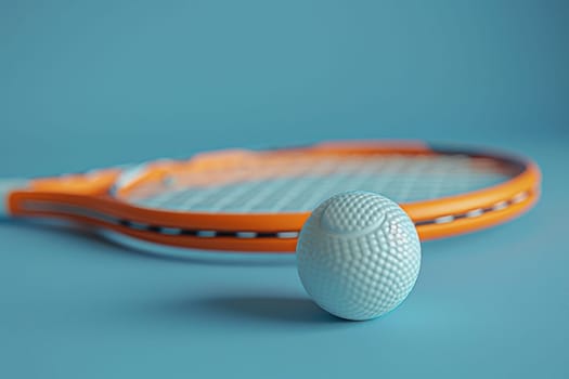Racket and white tennis ball for table tennis on a blue background.