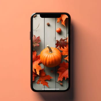 Smartphone on a bright red background with pumpkin leaves banner wallpaper. Pumpkin as a dish of thanksgiving for the harvest. The atmosphere of joy and celebration.