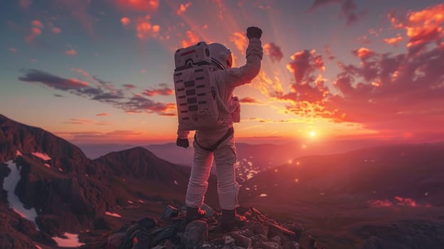 A person wearing a spacesuit walking up a mountain peak with Raise a fist