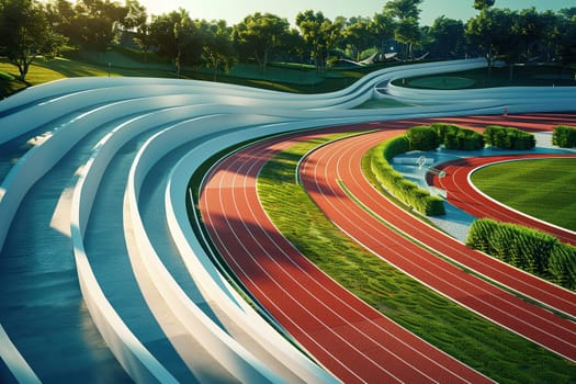 3D illustration of a sports stadium with red running tracks and seats for spectators.