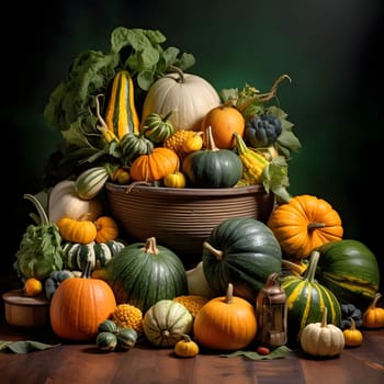 Elegantly arranged pumpkins and other vegetables on a dark background. Pumpkin as a dish of thanksgiving for the harvest. An atmosphere of joy and celebration.