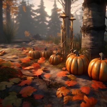 Illustration of 3D pumpkins, autumn leaves torches. Pumpkin as a dish of thanksgiving for the harvest. The atmosphere of joy and celebration.