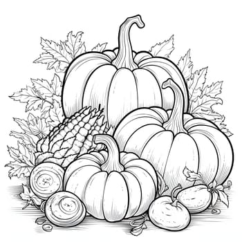 Black and White coloring book, harvest from the field of pumpkins, corn, leaves. Pumpkin as a dish of thanksgiving for the harvest, picture on a white isolated background. Atmosphere of joy and celebration.