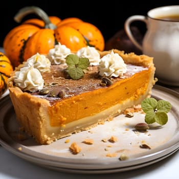 Pumpkin cake with meringue on a plate, pumpkin all around. Pumpkin as a dish of thanksgiving for the harvest. The atmosphere of joy and celebration.