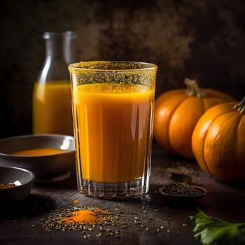 Pumpkin juice in a glass and pumpkin on a dark background. Pumpkin as a dish of thanksgiving for the harvest. An atmosphere of joy and celebration.