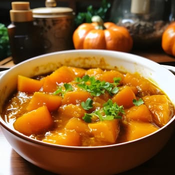 Pumpkin soup in a bowl with parsley. Pumpkin as a dish of thanksgiving for the harvest. The atmosphere of joy and celebration.