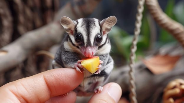 A close-up shot of a sugar glider perched on a finger, its tiny hands gripping a piece of fruit