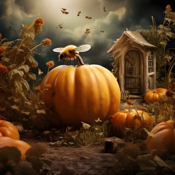A magical land with a great pumpkin, a bee and a fly. Pumpkin as a dish of thanksgiving for the harvest. The atmosphere of joy and celebration.