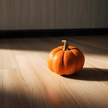 Small orange pumpkin on wooden panels. The falling rays of the sun. Pumpkin as a dish of thanksgiving for the harvest. The atmosphere of joy and celebration.