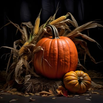 Two pumpkins and dry corn cobs with leaves. Dark background. Pumpkin as a dish of thanksgiving for the harvest. The atmosphere of joy and celebration.