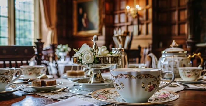 Elegant table setting for tea party with cakes and cupcakes in English manor. Selective focus. Vintage style