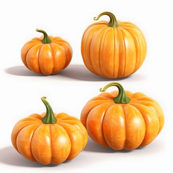 Four pumpkins. Pumpkin as a dish of thanksgiving for the harvest, picture on a white isolated background. Atmosphere of joy and celebration.