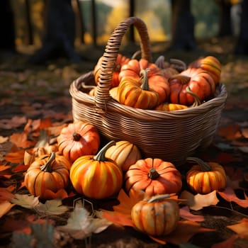 Wicker basket full of colorful small pumpkins in the forest around the leaves. Pumpkin as a dish of thanksgiving for the harvest. The atmosphere of joy and celebration.