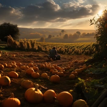 Two people in the south at sunset. Pumpkin as a dish of thanksgiving for the harvest. An atmosphere of joy and celebration.