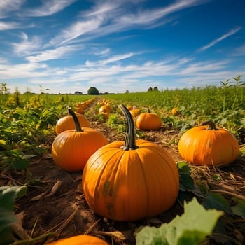 Orange pumpkins in the field during the day. Pumpkin as a dish of thanksgiving for the harvest. The atmosphere of joy and celebration.