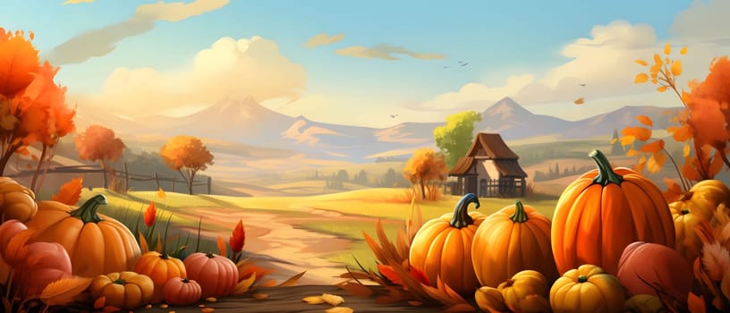 Fairy tale illustration; pumpkins flowers fields with mountains in background. Banner. Pumpkin as a dish of thanksgiving for the harvest. An atmosphere of joy and celebration.