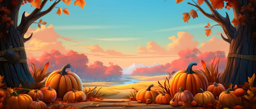 Fairy tale illustration; pumpkins flowers fields with mountains in background. Banner. Pumpkin as a dish of thanksgiving for the harvest. An atmosphere of joy and celebration.