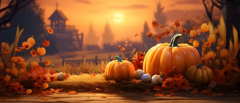 Fairy tale illustration; pumpkins flowers fields with mountains in background. Banner. Pumpkin as a dish of thanksgiving for the harvest. An atmosphere of joy and celebration.