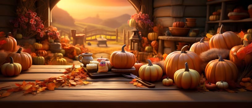 Illustration of pumpkins, leaves field and mountains in the background, banner with space for your own content. Blank space for caption.