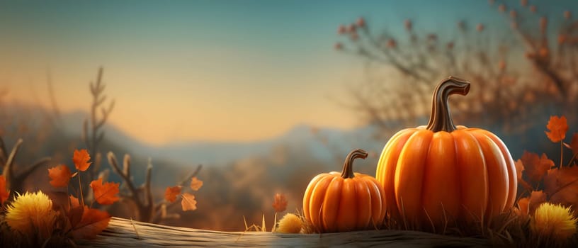 Elegantly arranged pumpkins at sunset., banner with space for your own content. Bright background colors. Blank space for caption.
