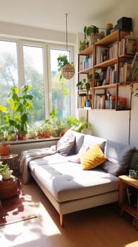 A bright, welcoming living room bathed in sunlight, featuring a comfortable couch, vibrant houseplants, and shelves filled with books - Generative AI