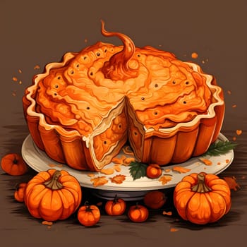 Illustration of pumpkin pie on a solid dark background. Pumpkin as a dish of thanksgiving for the harvest. The atmosphere of joy and celebration.