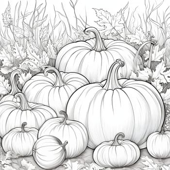 Black and white coloring book, a dozen pumpkins and leaves. Pumpkin as a dish of thanksgiving for the harvest, picture on a white isolated background. Atmosphere of joy and celebration.