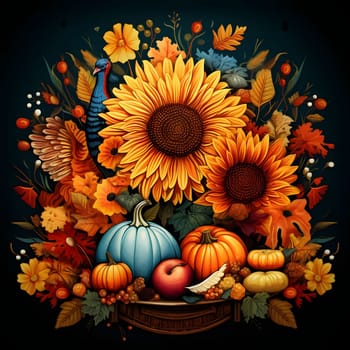 Basket of autumn flowers and a harvest of sizable on a black isolated background. Pumpkin as a dish of thanksgiving for the harvest. The atmosphere of joy and celebration.