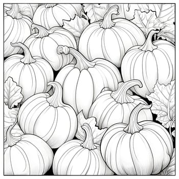 Black and White coloring book, a dozen pumpkins. Pumpkin as a dish of thanksgiving for the harvest, picture on a white isolated background. Atmosphere of joy and celebration.