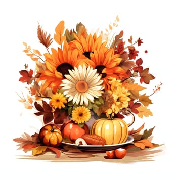 Autumn flowers and harvest from the field. Pumpkin as a dish of thanksgiving for the harvest, picture on a white isolated background. Atmosphere of joy and celebration.